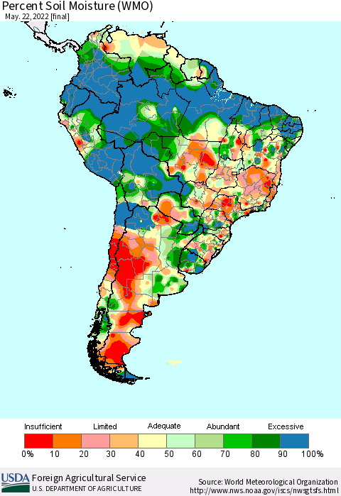 South America Percent Soil Moisture (WMO) Thematic Map For 5/16/2022 - 5/22/2022
