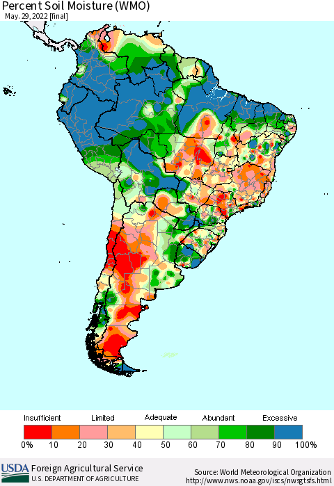 South America Percent Soil Moisture (WMO) Thematic Map For 5/23/2022 - 5/29/2022