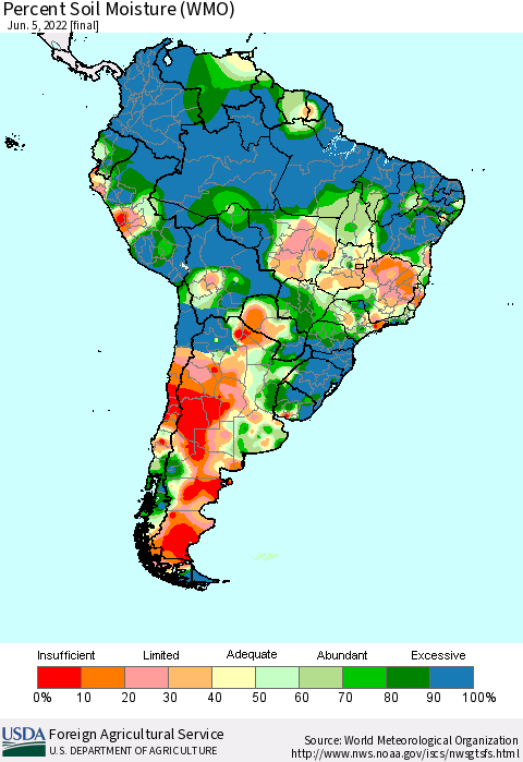 South America Percent Soil Moisture (WMO) Thematic Map For 5/30/2022 - 6/5/2022