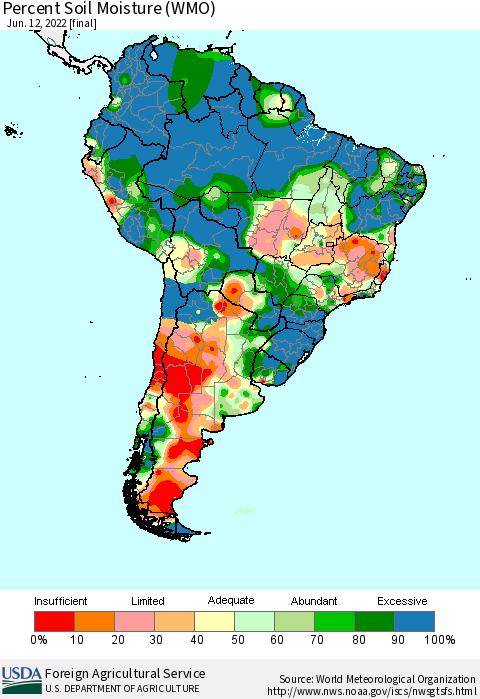 South America Percent Soil Moisture (WMO) Thematic Map For 6/6/2022 - 6/12/2022