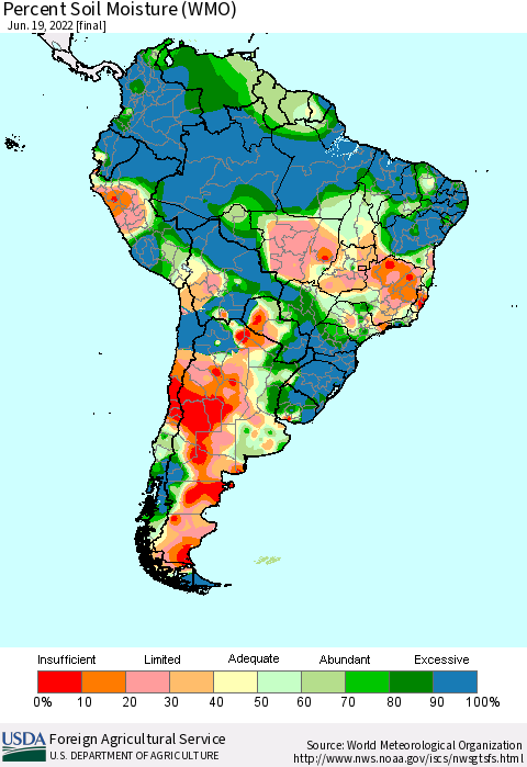 South America Percent Soil Moisture (WMO) Thematic Map For 6/13/2022 - 6/19/2022