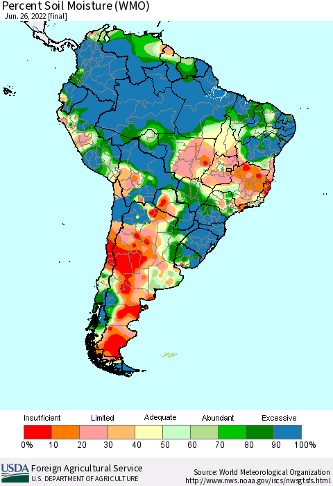 South America Percent Soil Moisture (WMO) Thematic Map For 6/20/2022 - 6/26/2022