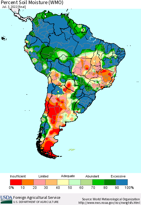 South America Percent Soil Moisture (WMO) Thematic Map For 6/27/2022 - 7/3/2022