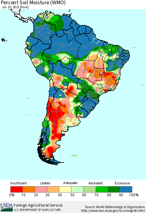 South America Percent Soil Moisture (WMO) Thematic Map For 7/4/2022 - 7/10/2022