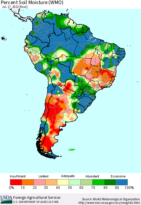 South America Percent Soil Moisture (WMO) Thematic Map For 7/11/2022 - 7/17/2022