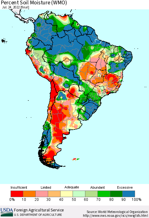 South America Percent Soil Moisture (WMO) Thematic Map For 7/18/2022 - 7/24/2022