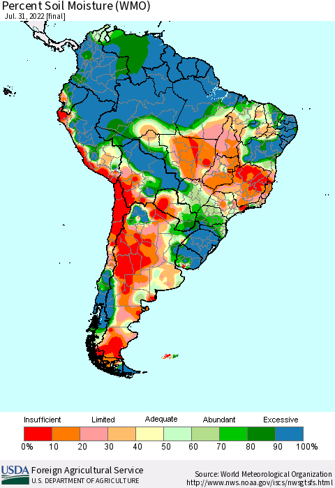 South America Percent Soil Moisture (WMO) Thematic Map For 7/25/2022 - 7/31/2022