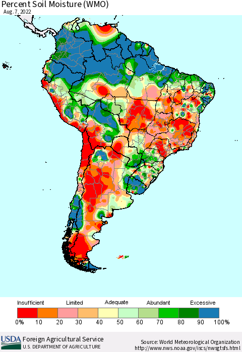 South America Percent Soil Moisture (WMO) Thematic Map For 8/1/2022 - 8/7/2022