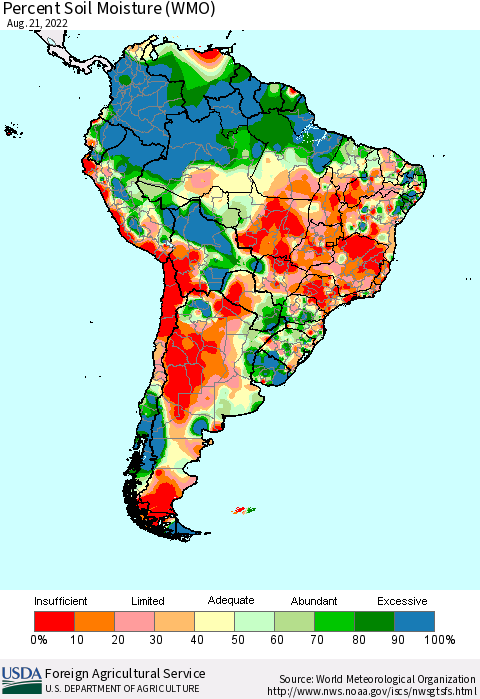 South America Percent Soil Moisture (WMO) Thematic Map For 8/15/2022 - 8/21/2022