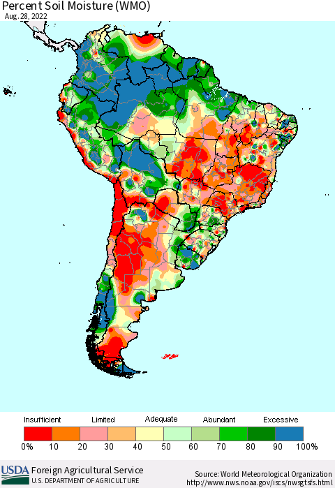 South America Percent Soil Moisture (WMO) Thematic Map For 8/22/2022 - 8/28/2022