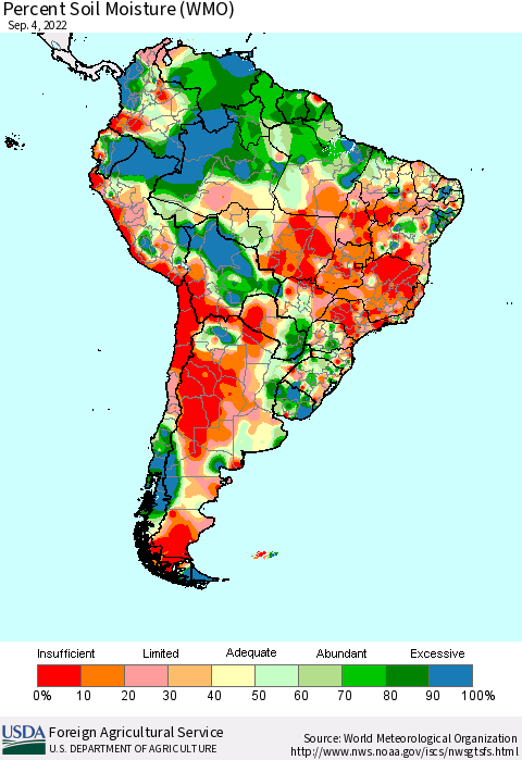 South America Percent Soil Moisture (WMO) Thematic Map For 8/29/2022 - 9/4/2022