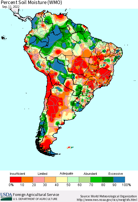 South America Percent Soil Moisture (WMO) Thematic Map For 9/5/2022 - 9/11/2022