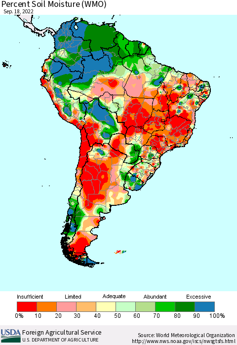 South America Percent Soil Moisture (WMO) Thematic Map For 9/12/2022 - 9/18/2022