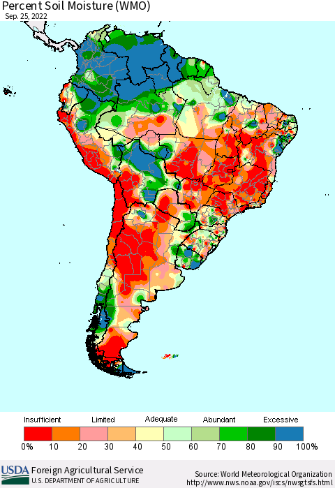 South America Percent Soil Moisture (WMO) Thematic Map For 9/19/2022 - 9/25/2022