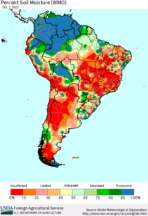 South America Percent Soil Moisture (WMO) Thematic Map For 9/26/2022 - 10/2/2022