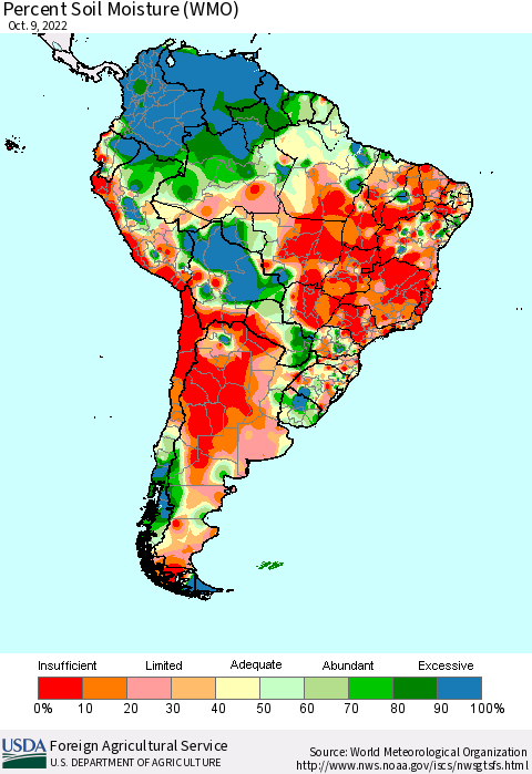 South America Percent Soil Moisture (WMO) Thematic Map For 10/3/2022 - 10/9/2022
