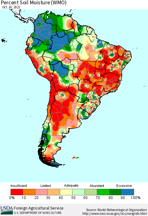 South America Percent Soil Moisture (WMO) Thematic Map For 10/10/2022 - 10/16/2022