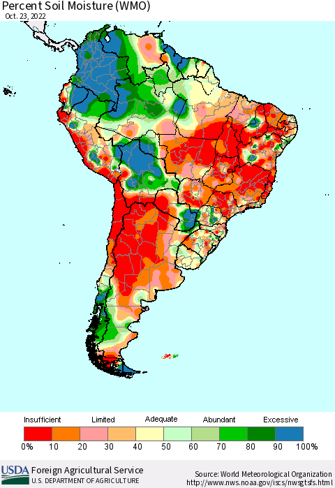 South America Percent Soil Moisture (WMO) Thematic Map For 10/17/2022 - 10/23/2022