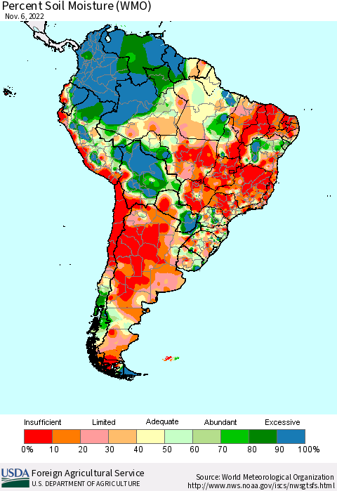 South America Percent Soil Moisture (WMO) Thematic Map For 10/31/2022 - 11/6/2022