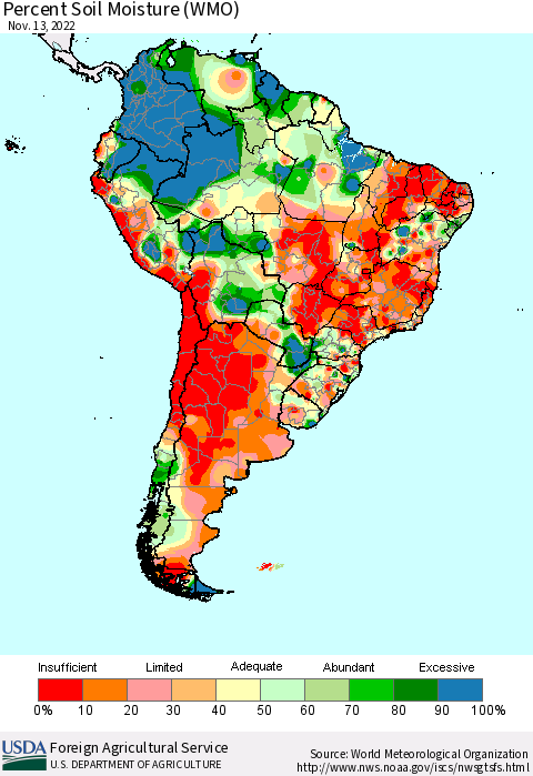 South America Percent Soil Moisture (WMO) Thematic Map For 11/7/2022 - 11/13/2022
