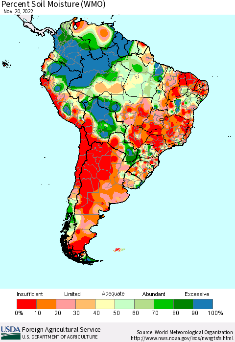 South America Percent Soil Moisture (WMO) Thematic Map For 11/14/2022 - 11/20/2022