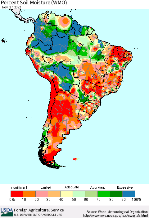 South America Percent Soil Moisture (WMO) Thematic Map For 11/21/2022 - 11/27/2022
