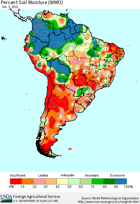 South America Percent Soil Moisture (WMO) Thematic Map For 11/28/2022 - 12/4/2022