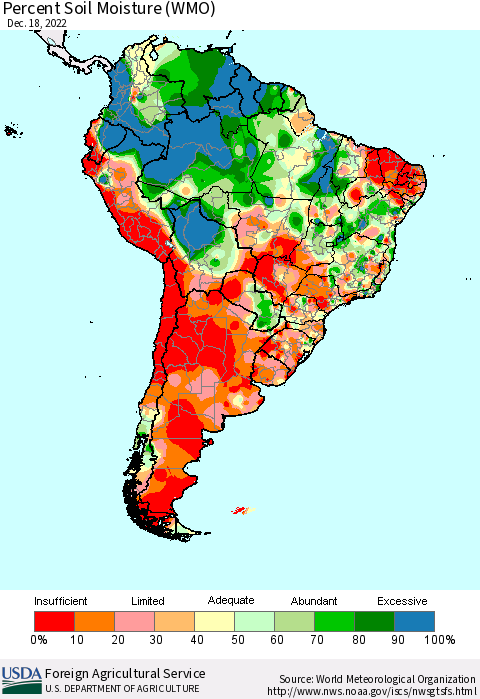 South America Percent Soil Moisture (WMO) Thematic Map For 12/12/2022 - 12/18/2022