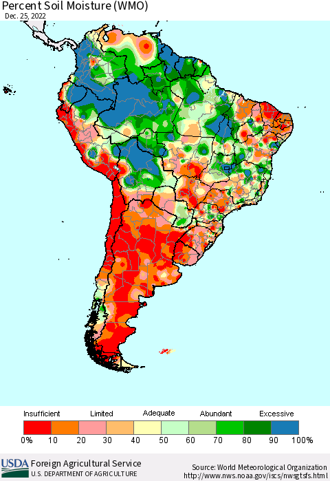 South America Percent Soil Moisture (WMO) Thematic Map For 12/19/2022 - 12/25/2022