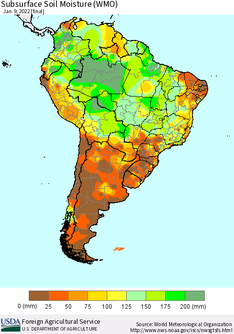 South America Subsurface Soil Moisture (WMO) Thematic Map For 1/3/2022 - 1/9/2022