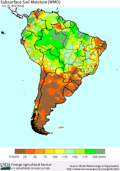 South America Subsurface Soil Moisture (WMO) Thematic Map For 1/10/2022 - 1/16/2022