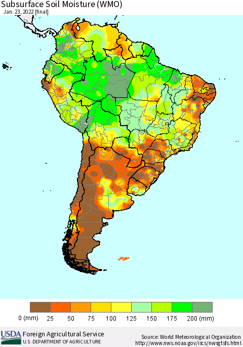 South America Subsurface Soil Moisture (WMO) Thematic Map For 1/17/2022 - 1/23/2022