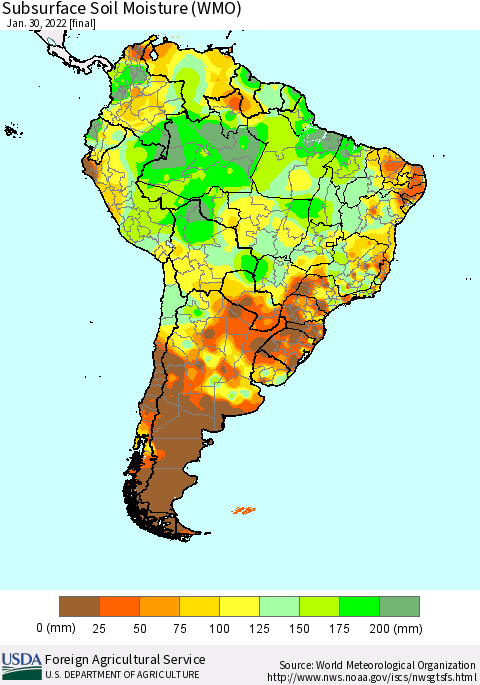 South America Subsurface Soil Moisture (WMO) Thematic Map For 1/24/2022 - 1/30/2022