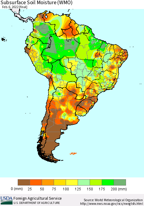 South America Subsurface Soil Moisture (WMO) Thematic Map For 1/31/2022 - 2/6/2022