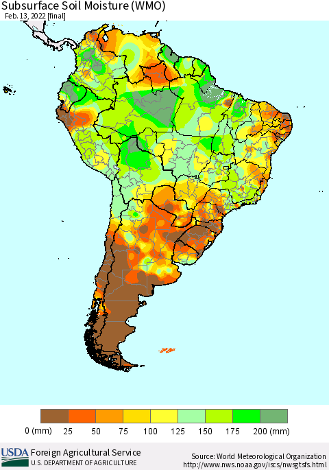 South America Subsurface Soil Moisture (WMO) Thematic Map For 2/7/2022 - 2/13/2022