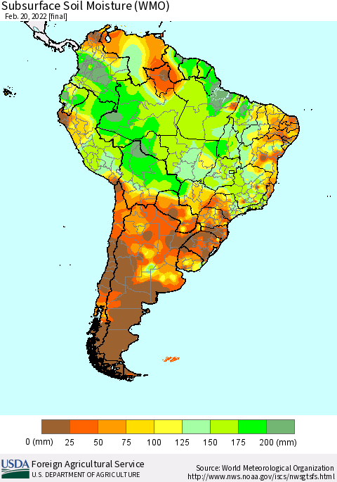 South America Subsurface Soil Moisture (WMO) Thematic Map For 2/14/2022 - 2/20/2022