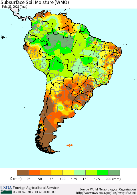 South America Subsurface Soil Moisture (WMO) Thematic Map For 2/21/2022 - 2/27/2022