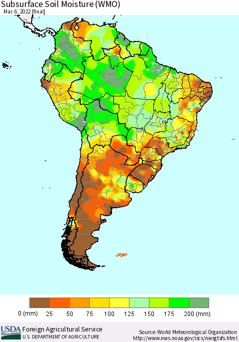 South America Subsurface Soil Moisture (WMO) Thematic Map For 2/28/2022 - 3/6/2022