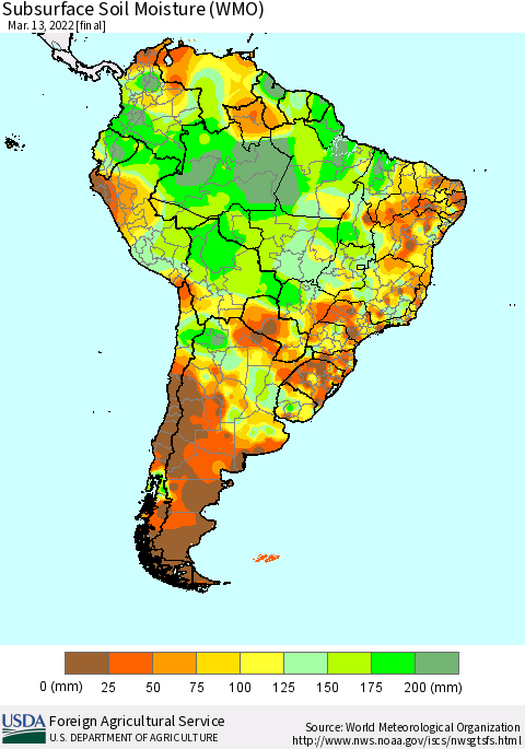 South America Subsurface Soil Moisture (WMO) Thematic Map For 3/7/2022 - 3/13/2022