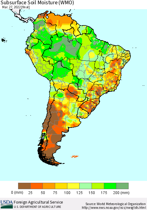 South America Subsurface Soil Moisture (WMO) Thematic Map For 3/21/2022 - 3/27/2022
