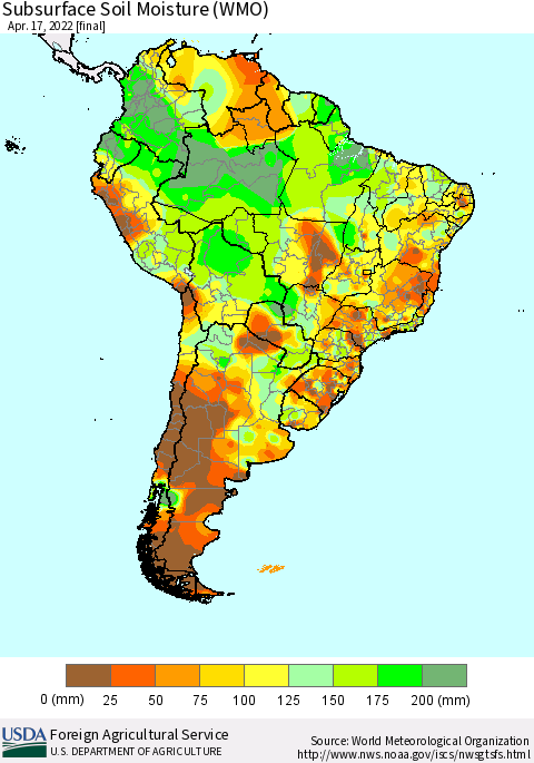 South America Subsurface Soil Moisture (WMO) Thematic Map For 4/11/2022 - 4/17/2022