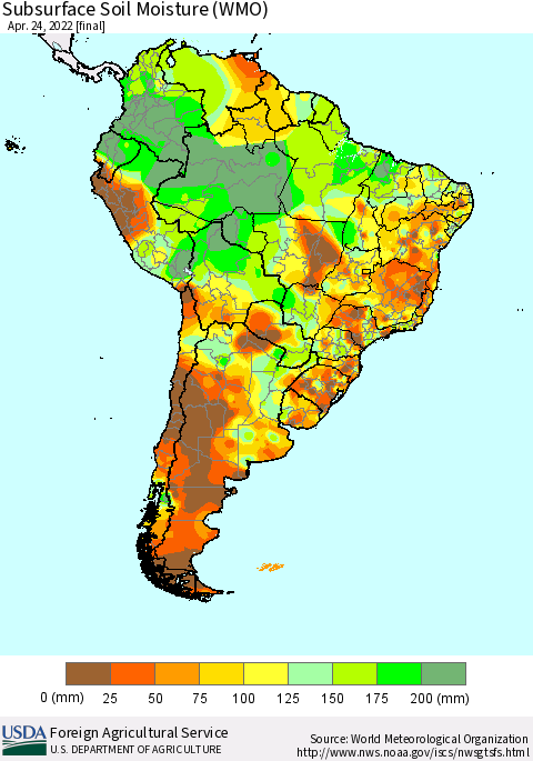 South America Subsurface Soil Moisture (WMO) Thematic Map For 4/18/2022 - 4/24/2022