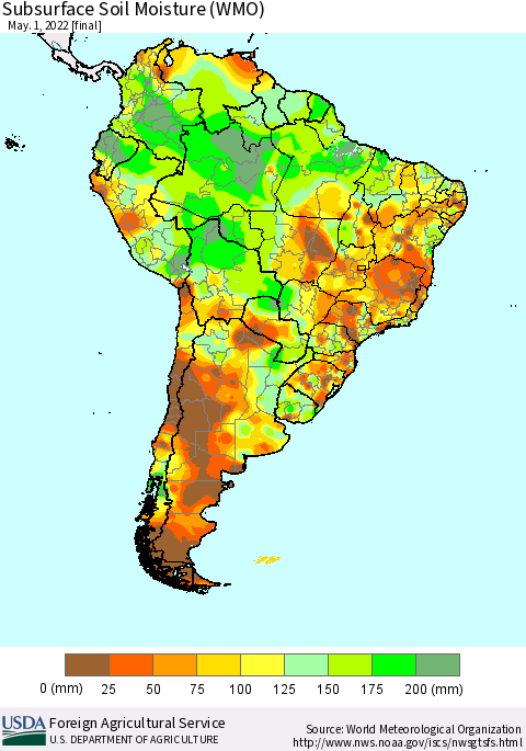 South America Subsurface Soil Moisture (WMO) Thematic Map For 4/25/2022 - 5/1/2022