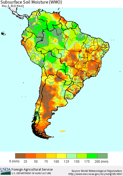 South America Subsurface Soil Moisture (WMO) Thematic Map For 5/2/2022 - 5/8/2022