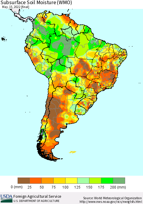 South America Subsurface Soil Moisture (WMO) Thematic Map For 5/9/2022 - 5/15/2022