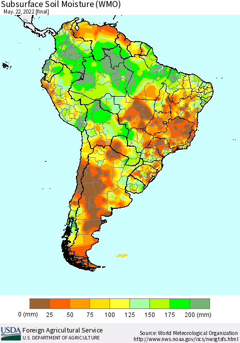 South America Subsurface Soil Moisture (WMO) Thematic Map For 5/16/2022 - 5/22/2022