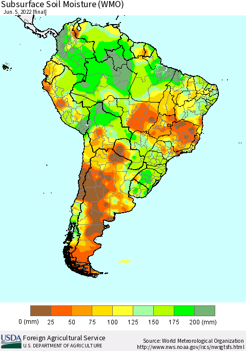 South America Subsurface Soil Moisture (WMO) Thematic Map For 5/30/2022 - 6/5/2022