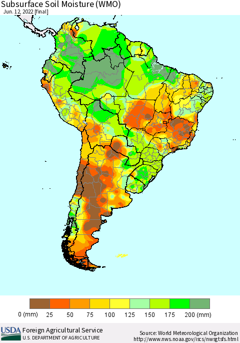 South America Subsurface Soil Moisture (WMO) Thematic Map For 6/6/2022 - 6/12/2022