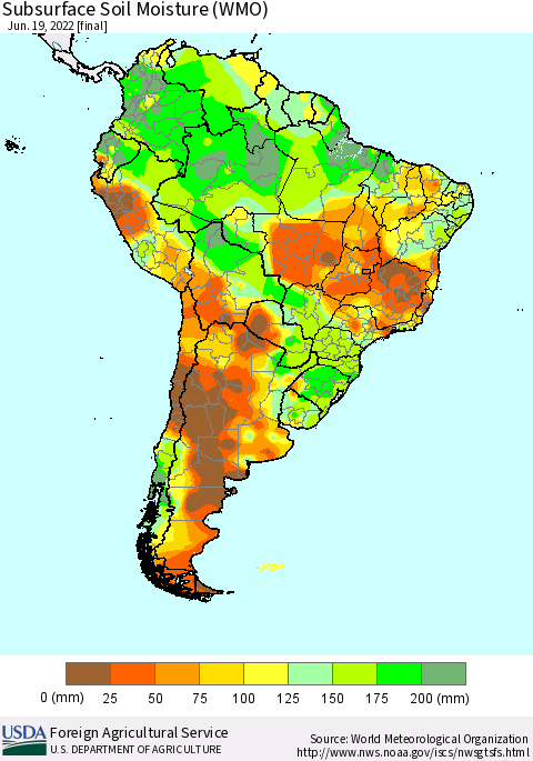 South America Subsurface Soil Moisture (WMO) Thematic Map For 6/13/2022 - 6/19/2022