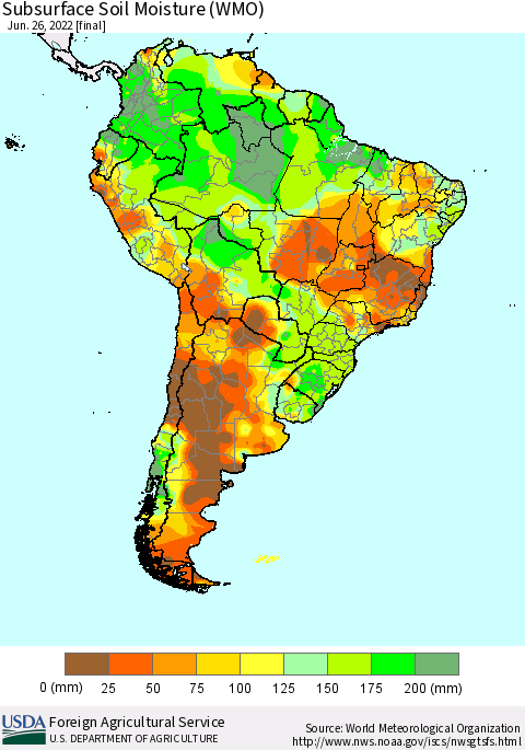 South America Subsurface Soil Moisture (WMO) Thematic Map For 6/20/2022 - 6/26/2022